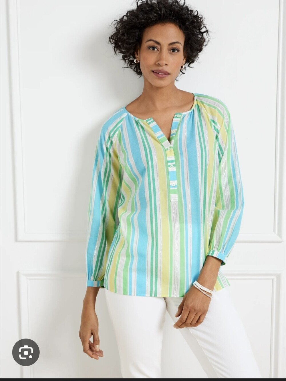 Talbots Striped Metallic Popover Peasant Top sz 3X Blue Yellow Coastal Chic